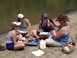 Melissa Niemi, Patty Matthews, Kathryn Paxton and Chandra Westafer enjoy a relaxing testing session on the tri-rivers sandbar at the confluence