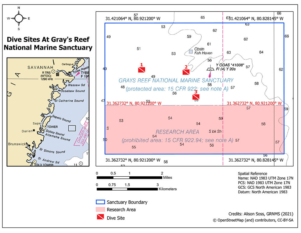 A map of the South Atlantic Bight showing a zoomed in portion of a national marine sanctuary with three buoy images.