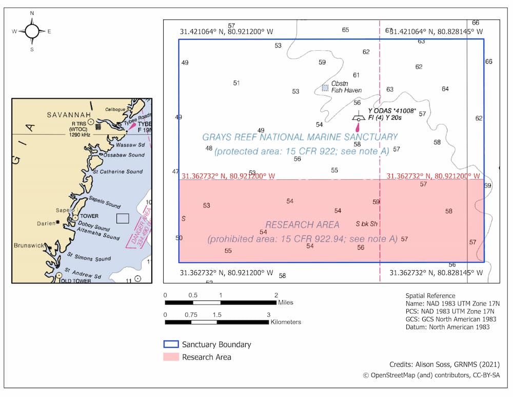 A marine chart showing a rectangular sanctuary boundary and a red area in the southern third. Numbers on the chart indicate the depth within the sanctuary.