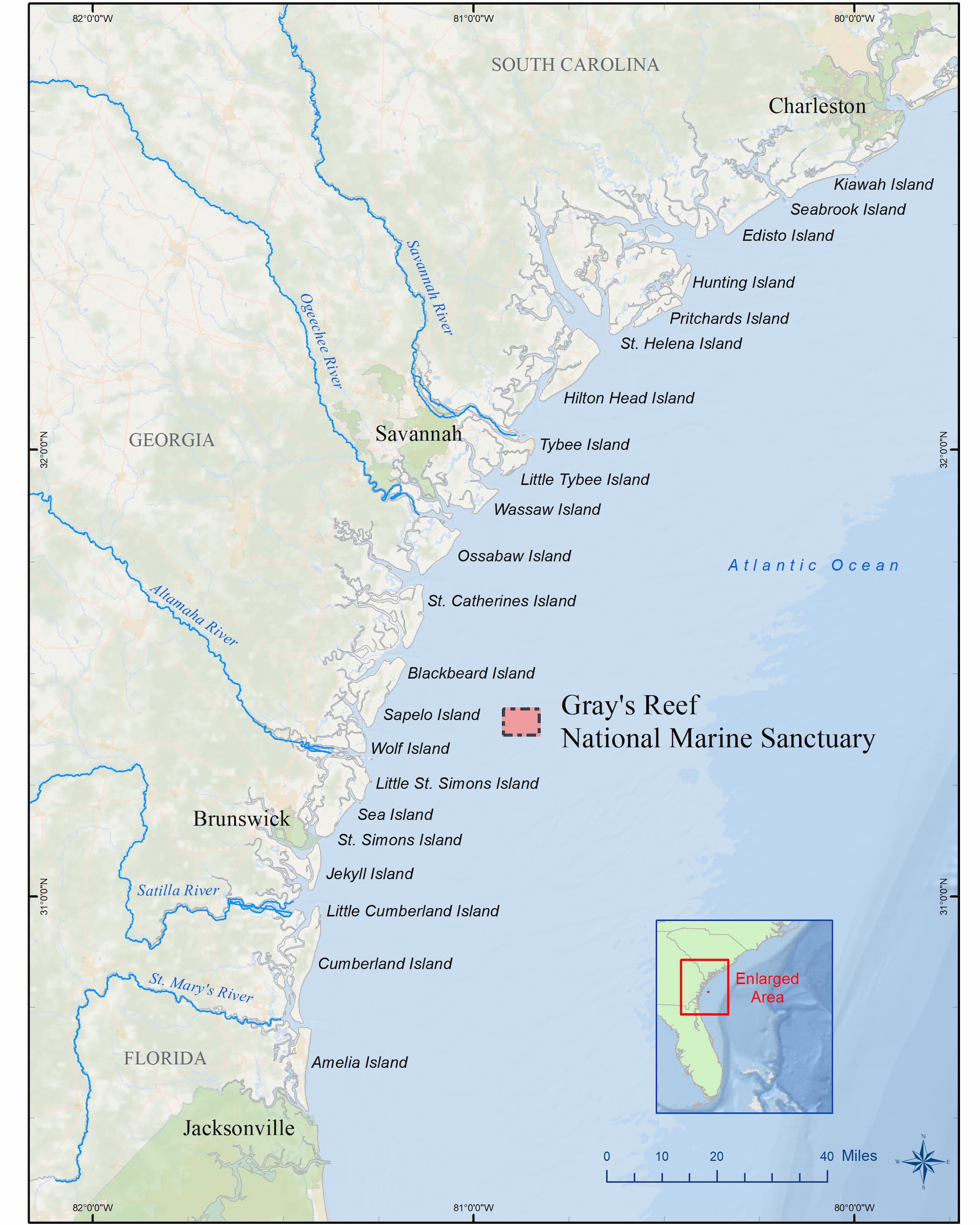 A map of a section of the southeast coast of the United States with labels on the barrier islands.