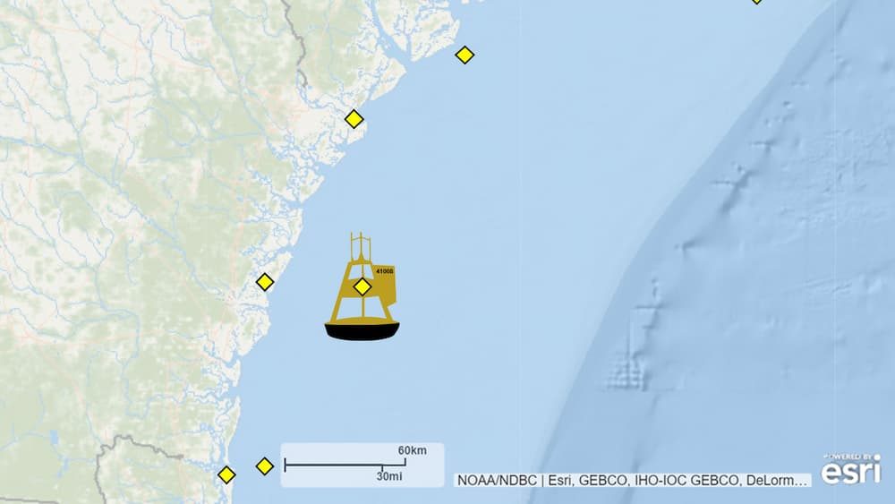 Map of the southeast United States showing the location of ocean buoys with black dots and Gray's Reef National Marine Sanctuary with a yellow buoy.