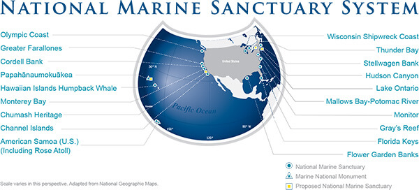 Map of National Marine santuaries around the country