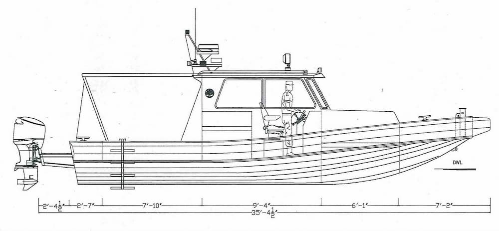 A line drawing of a scientific research boat.