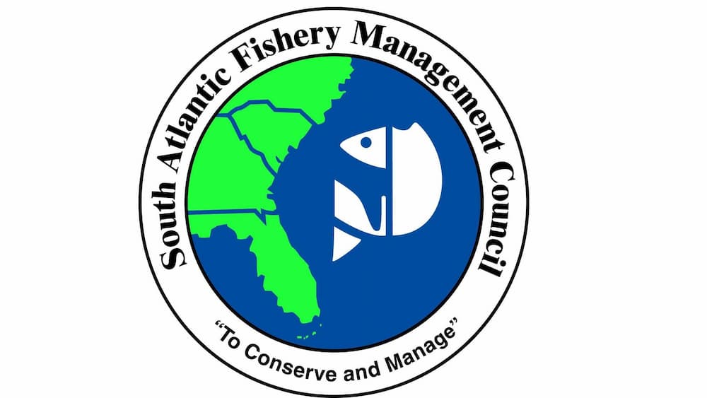 The logo for the South Atlantic Fisheries Management Council showing an illustrated map of the southeast U.S. with a white fish drawing in the ocean.