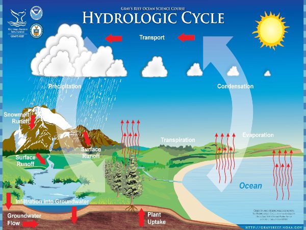 An illustrated mountain range showing the movement of water through the water cycle.