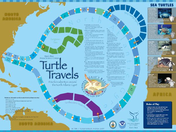 An illustrated map of the Atlantic Ocean with game squares explaining how a sea
                                turtle migrates.