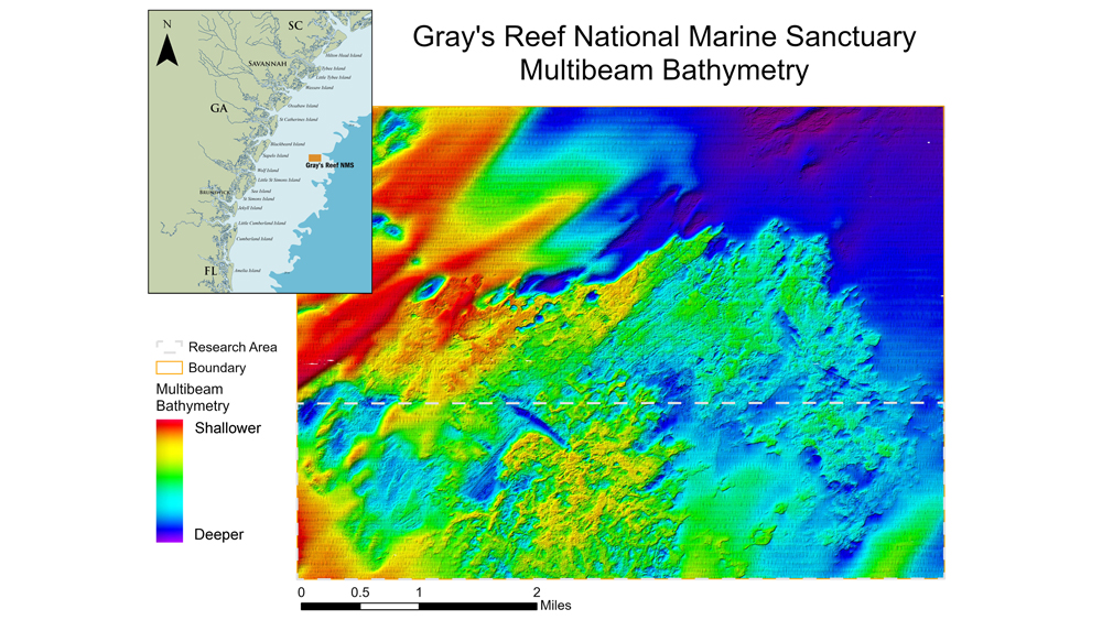 A map of the ocean with red and blue colors indicating the depth in an area. Text reads: Gray's Reef National Marine Sanctuary Multibeam Bathymetry, research area, sanctuary boundary, shallower, deeper.