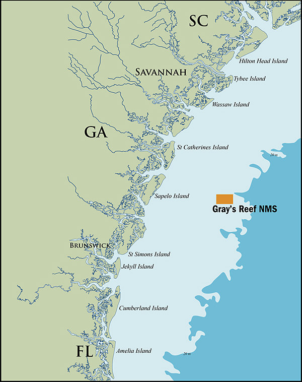 Gray's Reef National Marine Sanctuary highlighted on a map off of Coastal Georgia