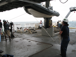 All crew work together on deck to launch dive boats.